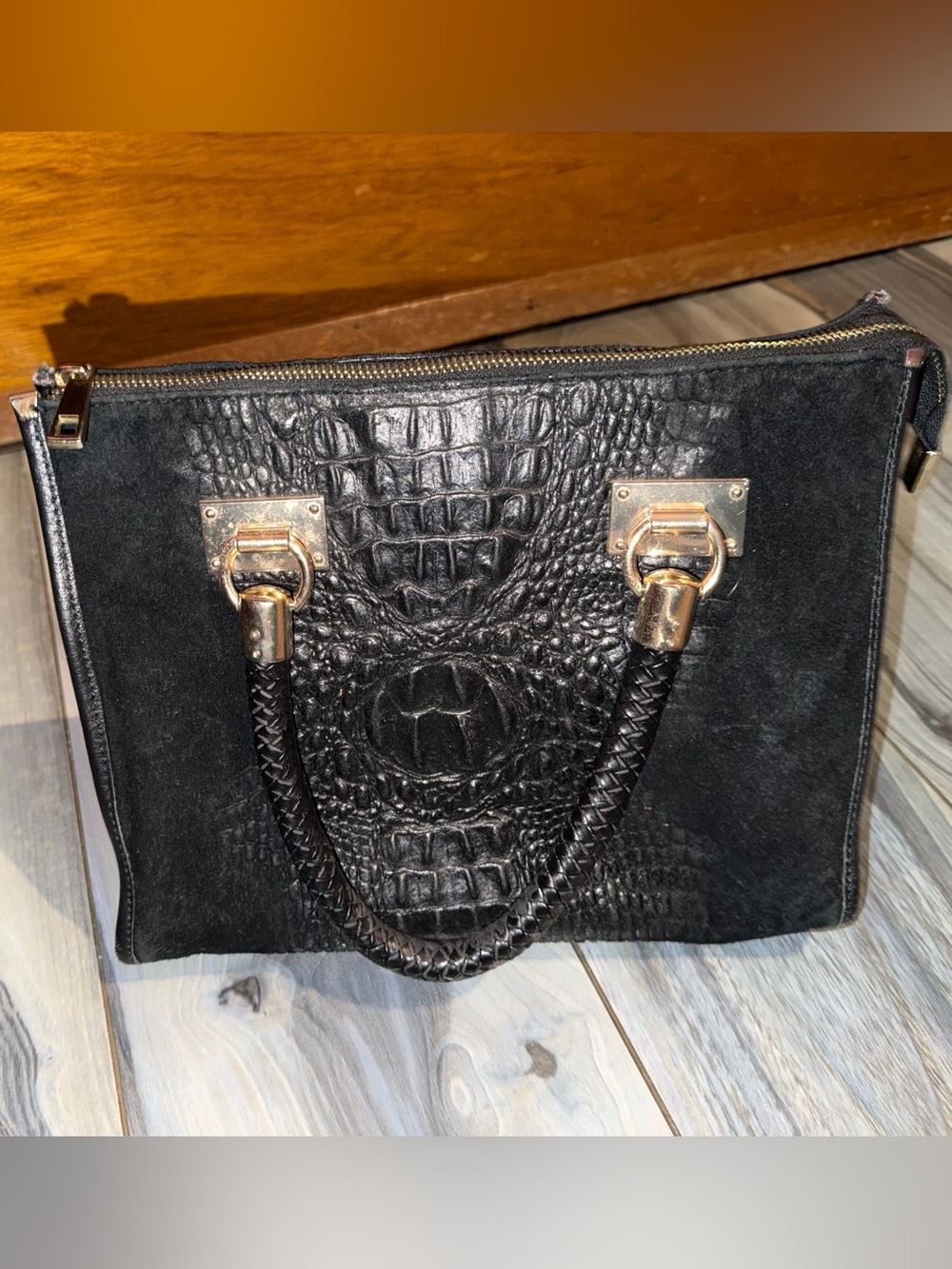Black Croc-Embossed & Genuine Leather Top Handle Bag